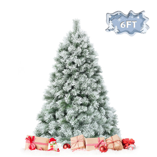 Topbuy 6FT/7FT Snow Flocked Artificial Christmas Tree Hinged Decoration Pine Tree