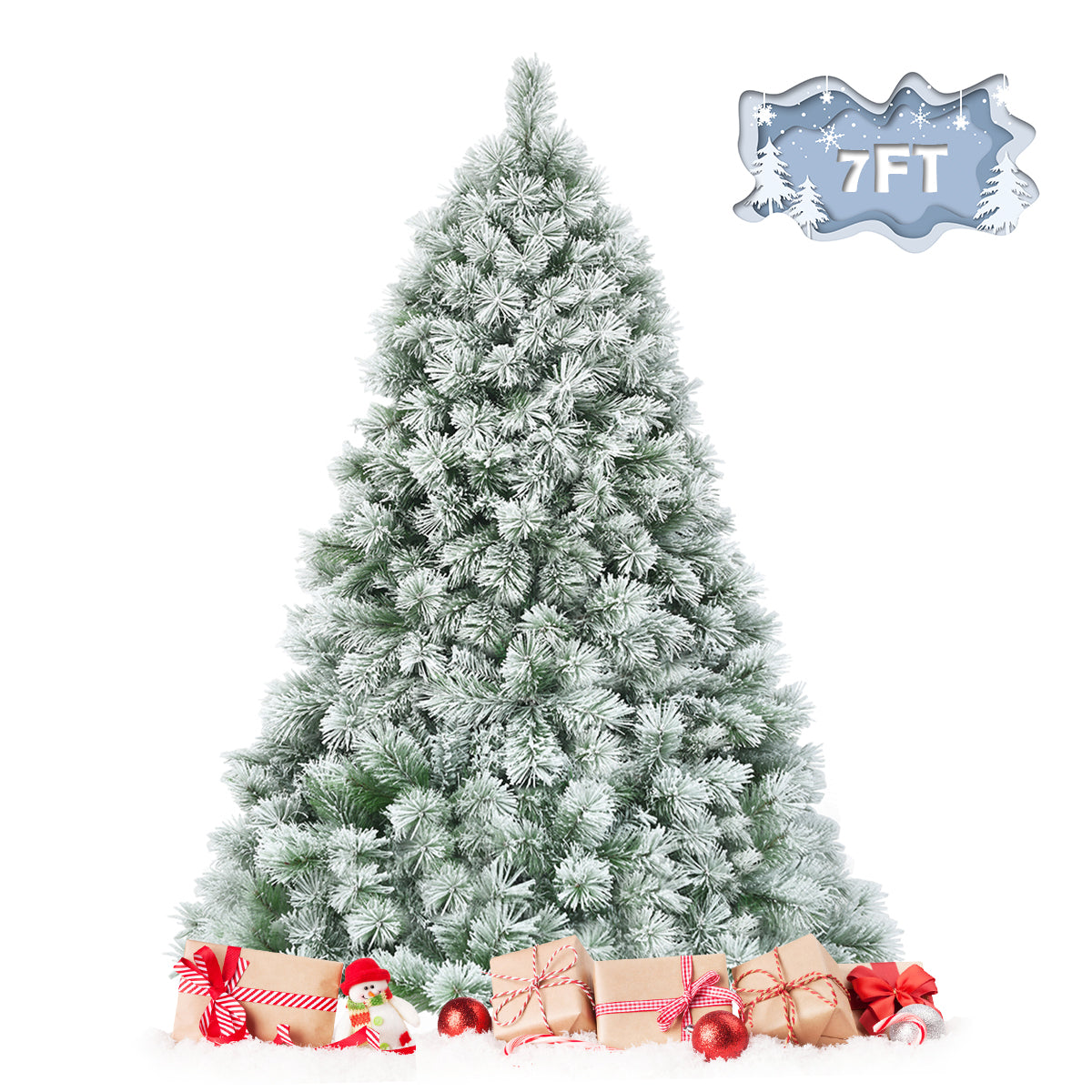 Topbuy 6FT/7FT Snow Flocked Artificial Christmas Tree Hinged Decoration Pine Tree