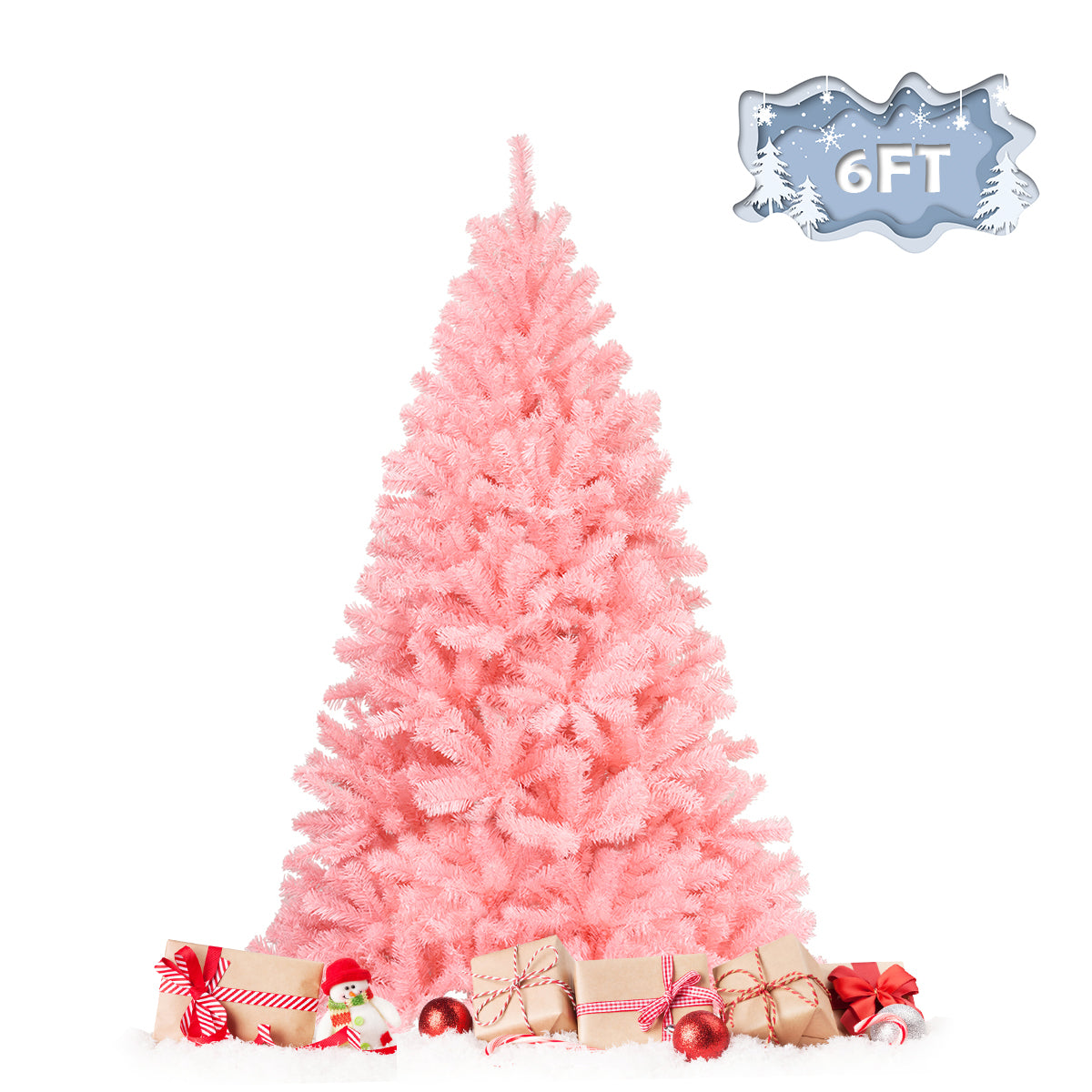 Topbuy 6Ft Artificial Christmas Tree Hinged Spruce Full Tree with Metal Stand Pink