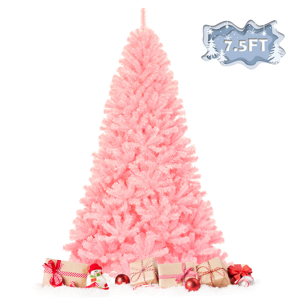 Topbuy 7.5Ft Artificial Christmas Tree Hinged Spruce Full Tree with Metal Stand Pink