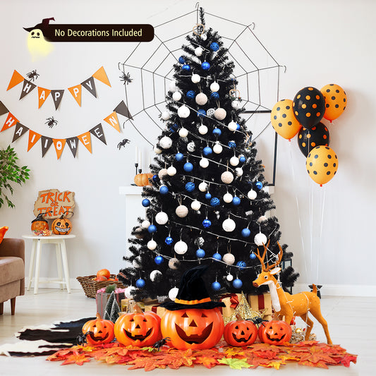 Topbuy 7.5Ft Artificial Christmas Tree Halloween Hinged Spruce Full Tree with Metal Stand Black