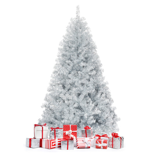 Topbuy 6Ft Hinged Artificial Silver Tinsel Christmas Tree with Metal Stand