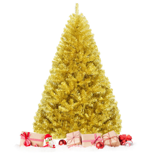 Topbuy 6 FT/7.5 FT Artificial Tinsel Christmas Tree Hinged Decoration Tree Champagne Gold