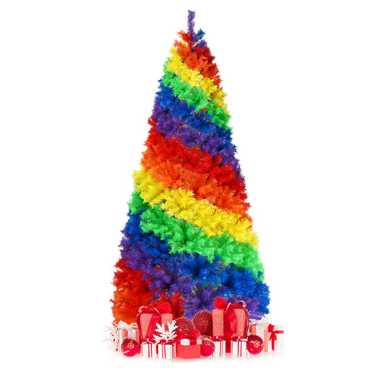 Topbuy 7FT Artificial Hinged Christmas Tree Colorful Rainbow Full Fir Xmas Tree with 1213 Branch Tips