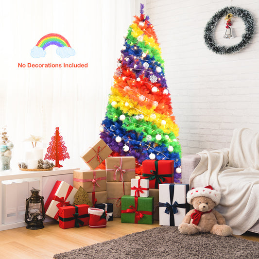 Topbuy 7FT Artificial Hinged Christmas Tree Colorful Rainbow Full Fir Xmas Tree with 1213 Branch Tips