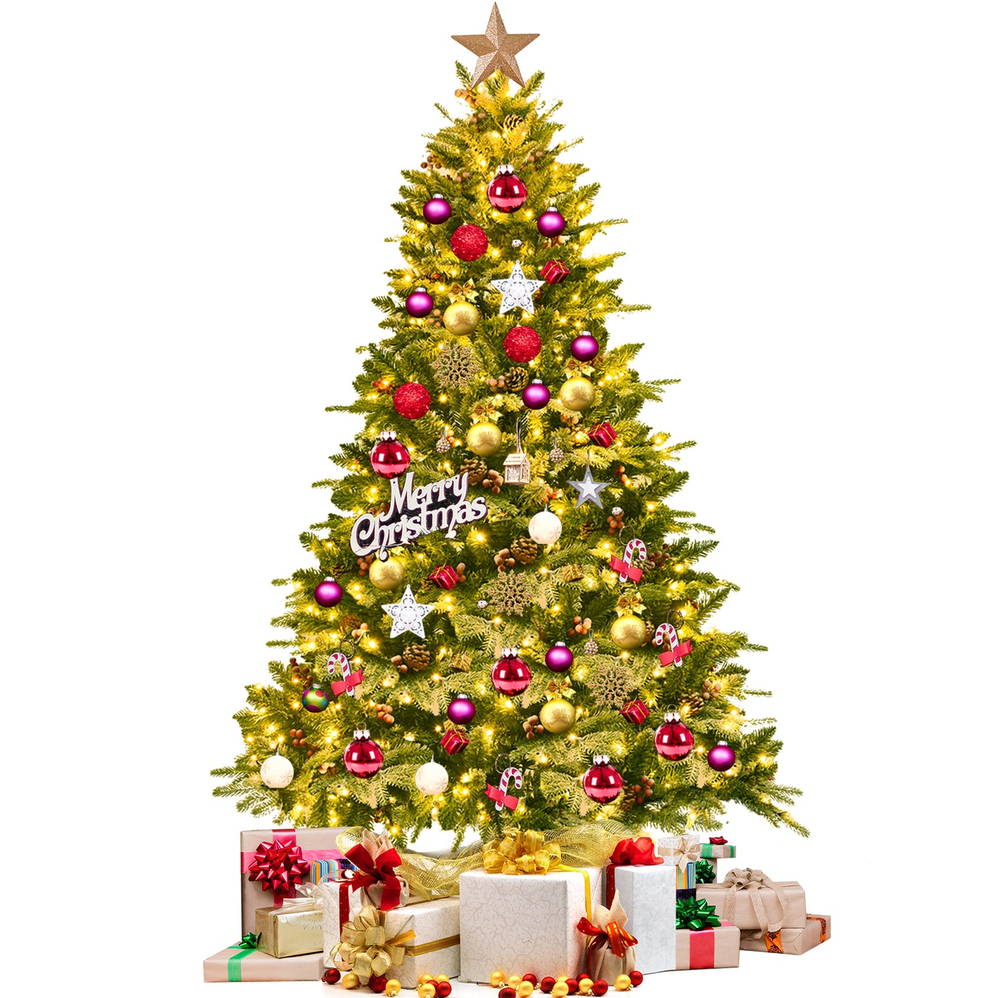 Topbuy Pre-lit Snow Flocked Christmas Tree with 450 LED Lights &Foldable Stand