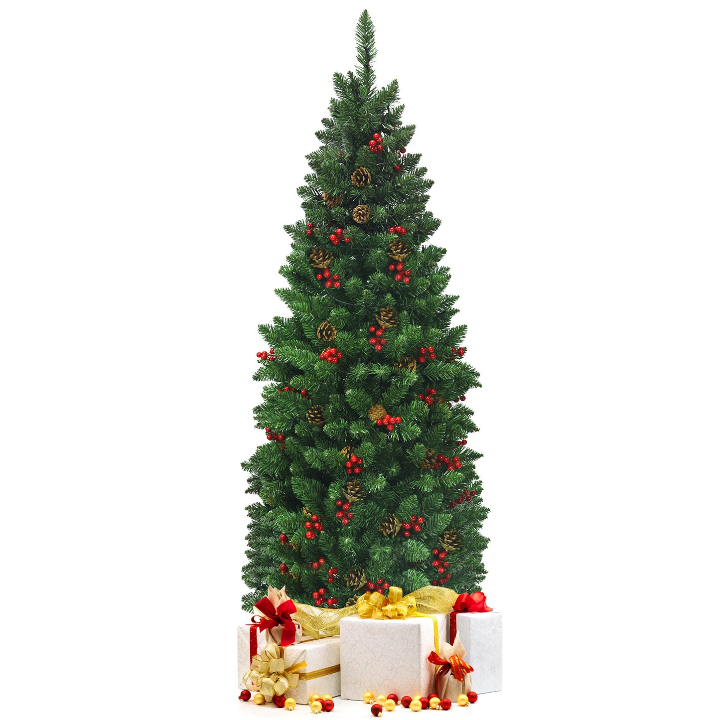 Topbuy 4.5FT/6.5FT/7.5FT Pencil Christmas Tree  Hinged Artificial Slim Xmas Tree with Sturdy Metal Stand