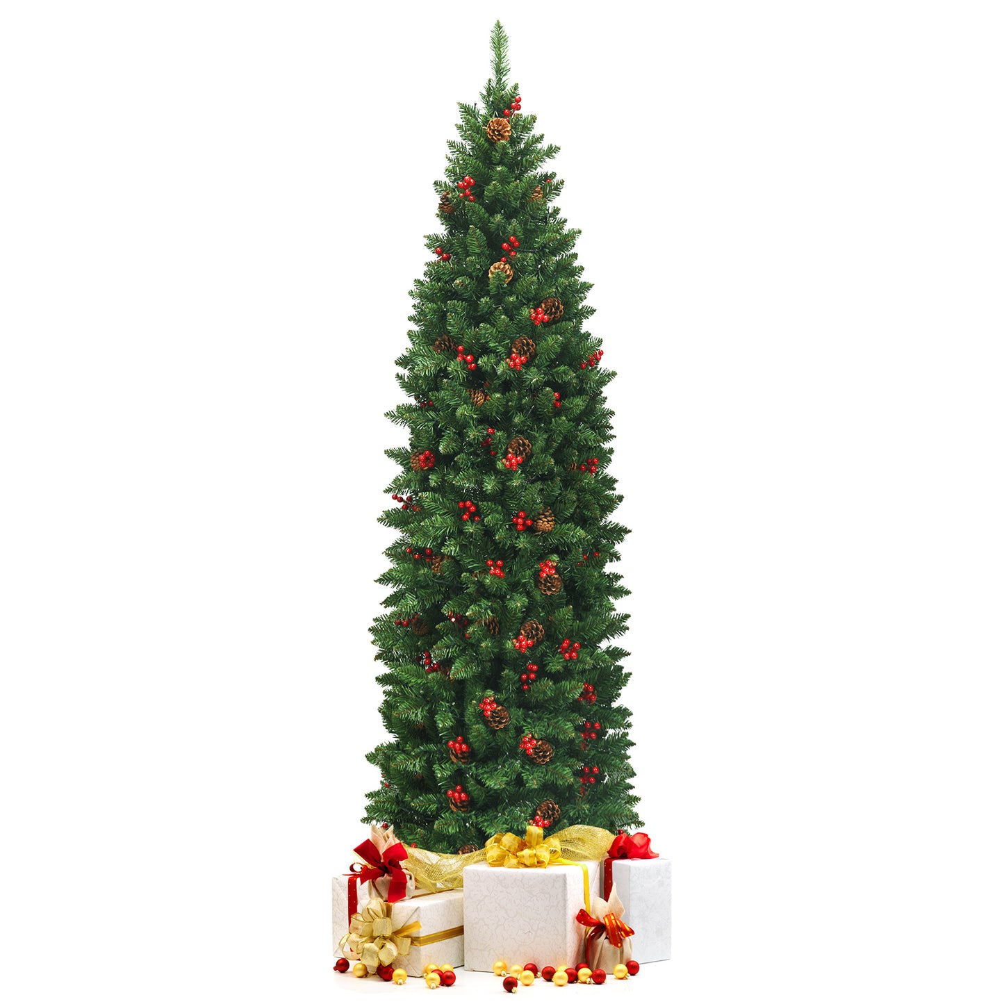 Topbuy 4.5FT/6.5FT/7.5FT Pencil Christmas Tree  Hinged Artificial Slim Xmas Tree with Sturdy Metal Stand