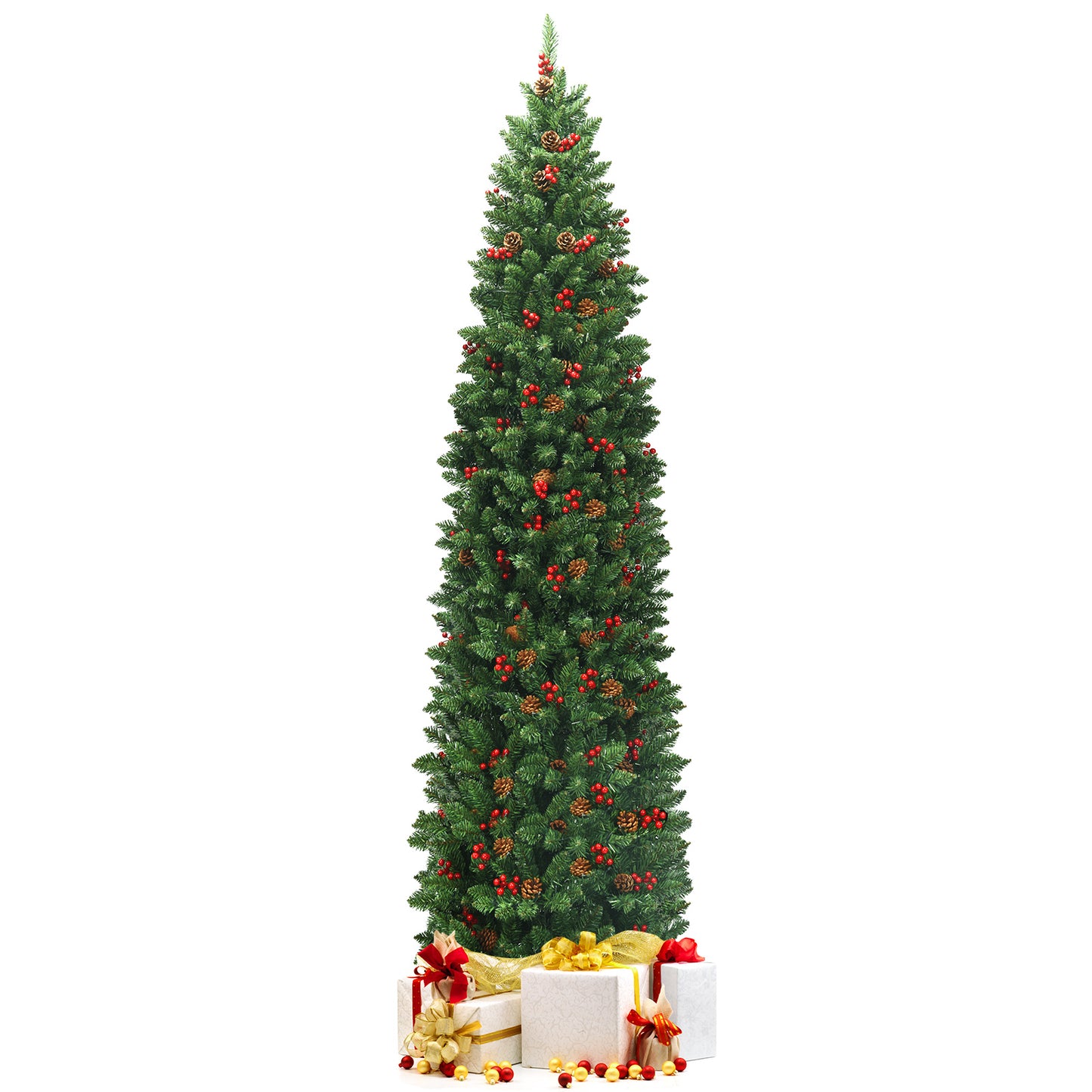 Topbuy 4.5FT/6.5FT/7.5FT Pencil Christmas Tree  Hinged Artificial Slim Xmas Tree with Sturdy Metal Stand