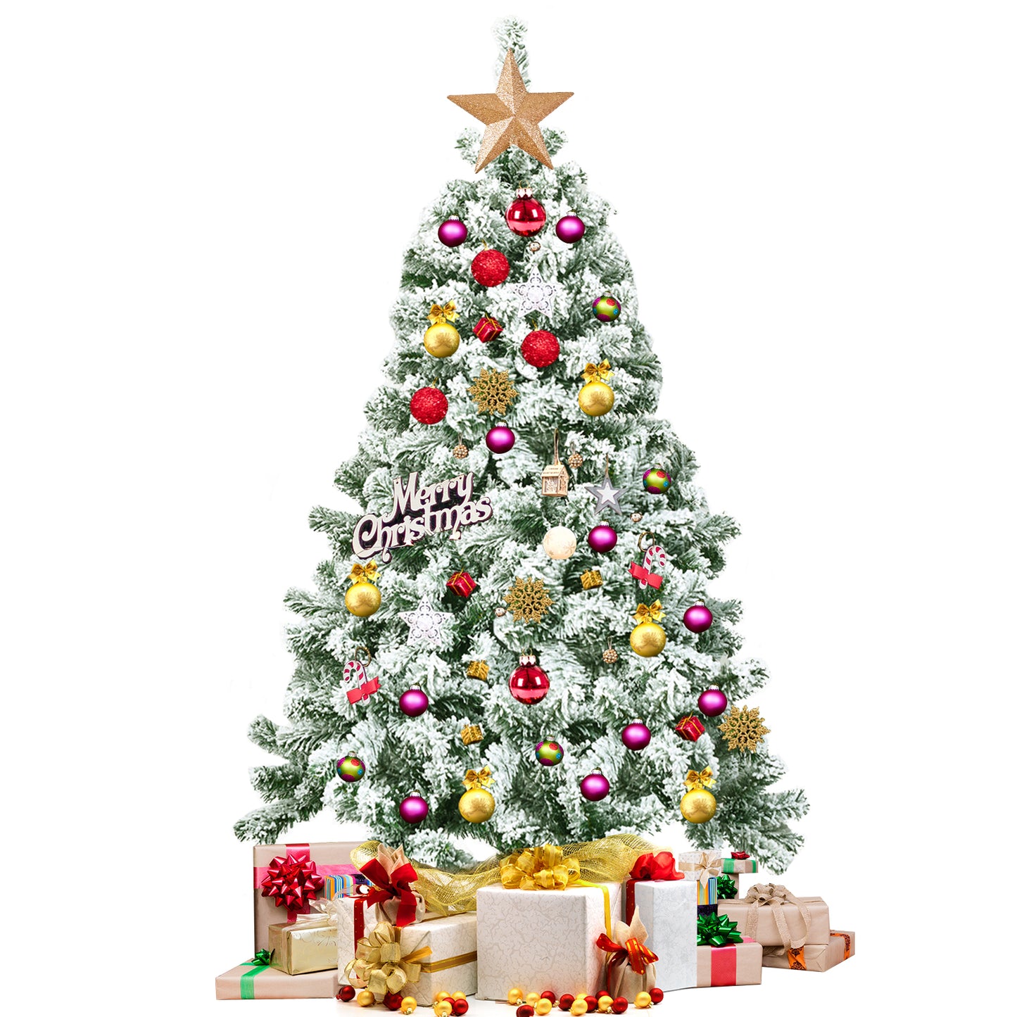 Topbuy 4.5FT/6FT/7.5FT Artificial Hinged Christmas Pines Tree Snow Flocked Decoration Tree