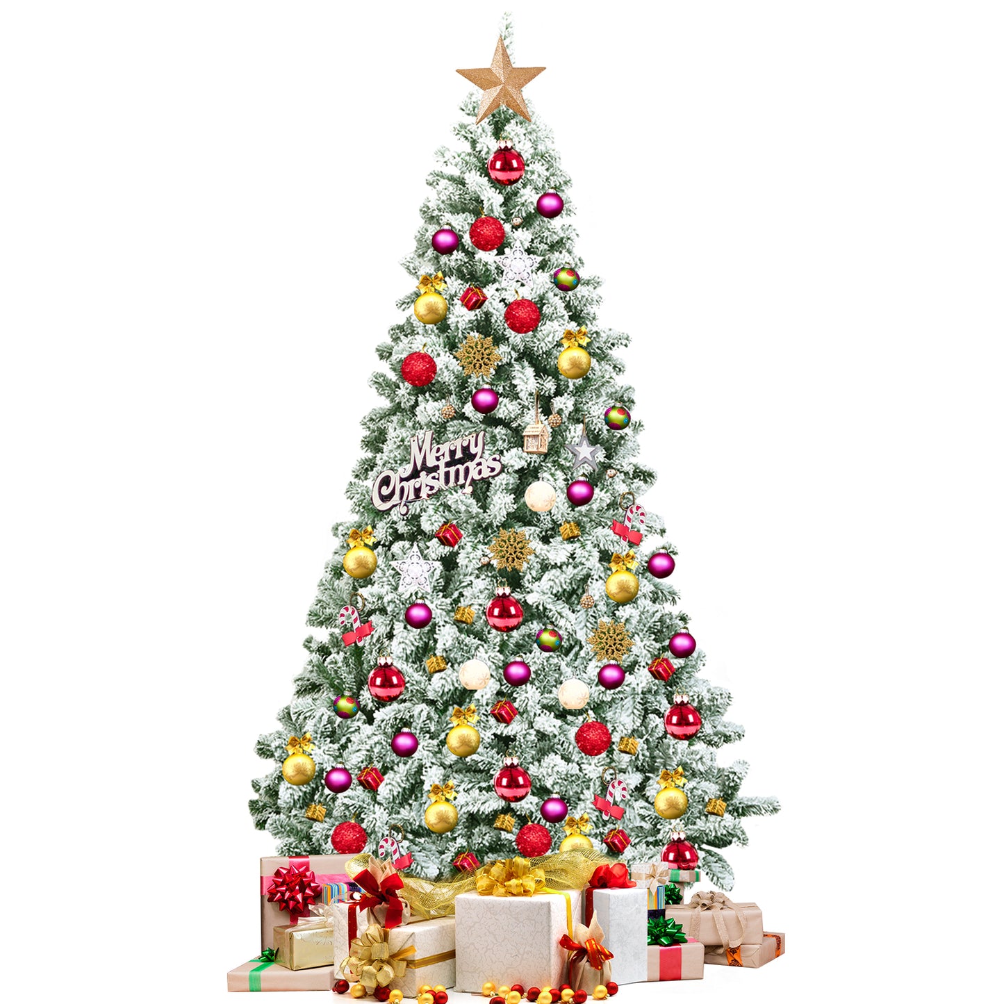 Topbuy 4.5FT/6FT/7.5FT Artificial Hinged Christmas Pines Tree Snow Flocked Decoration Tree