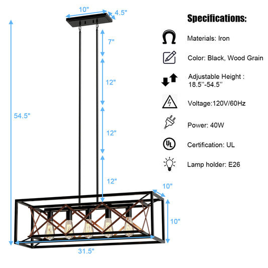 Topbuy Rectangle Metal Vintage Chandelier 5-light Pendant Island Ceiling Light