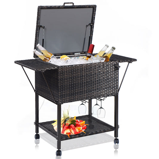 Patiojoy Outdoor Patio Rattan Wicker Cooler Cart Trolley Ice Drink Galvanize Steel