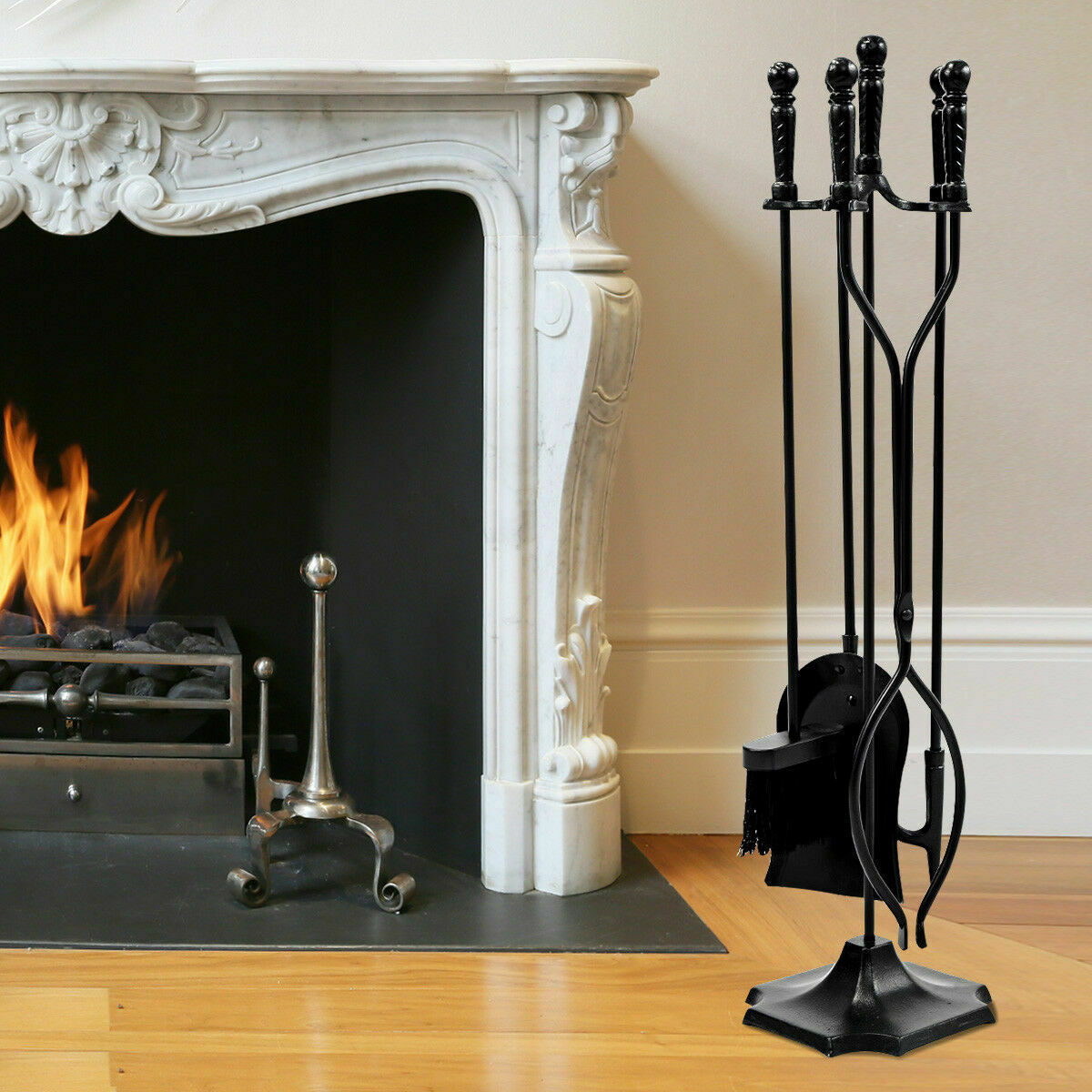 Topbuy Fireplace Tool 5 sets Pendant Tongs Fire Hook Brush Shovel Black w/ 31 inches Pedestal Base