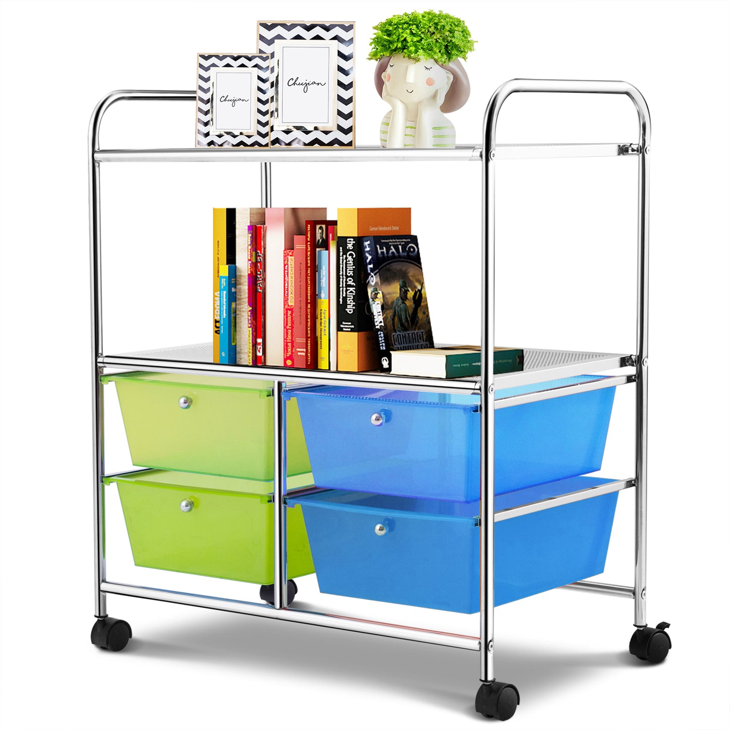 Topbuy 4-Drawer Rolling Storage Cart Metal Rack Organizer Shelf with Wheels Multicolor/Green+Blue/Black/Clear/Yellow+Grey