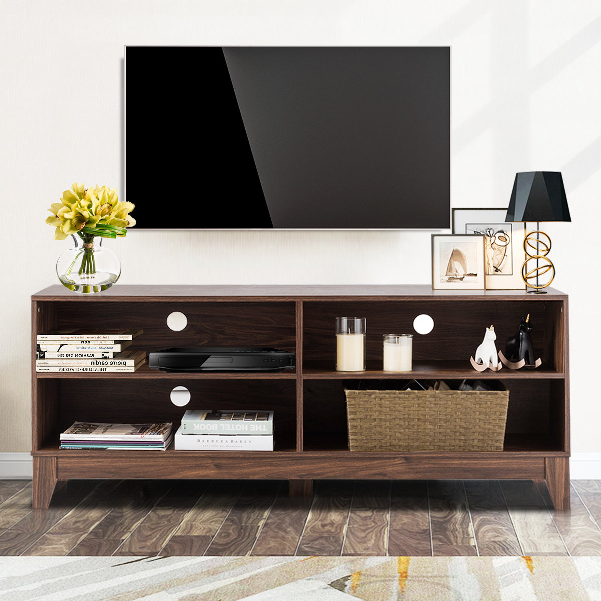 Topbuy Modern Wooden TV Stand Media Console Storage Cabinet with 4 Open Shelves Black/Walnut