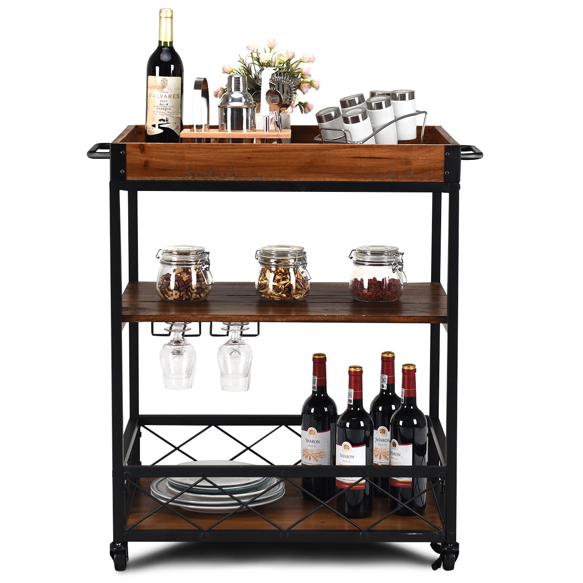 Topbuy 3 Tier Rolling Kitchen Trolley,Serving Island Cart with Storage Shelf & 4 Wheels