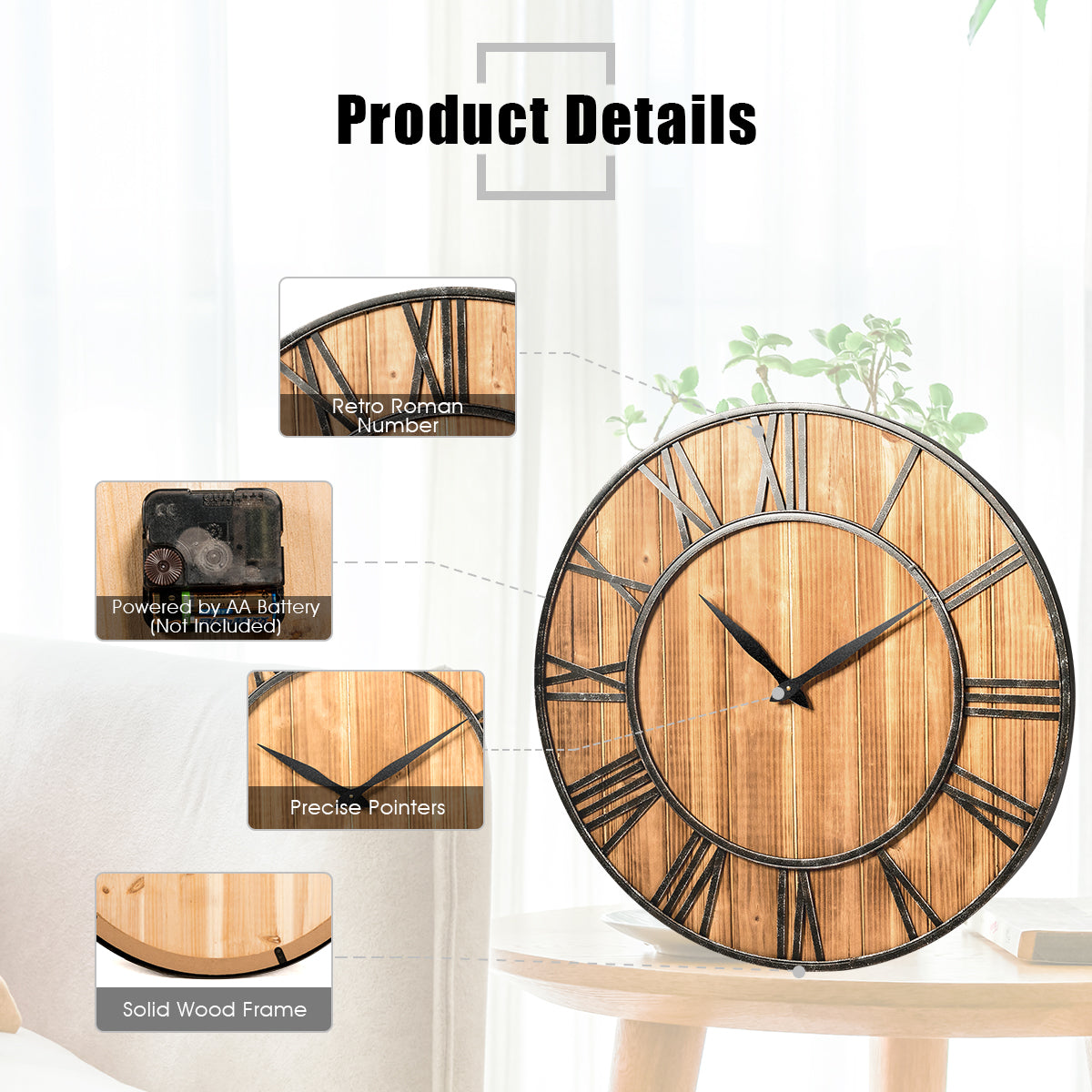 Topbuy Rustic Round Wall Clock, Decorative Wooden Clock with Battery