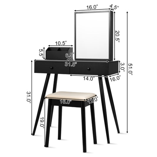 Topbuy 2-in-1 Vanity Table Set Dressing Table Makeup Desk with Stool & Mirror