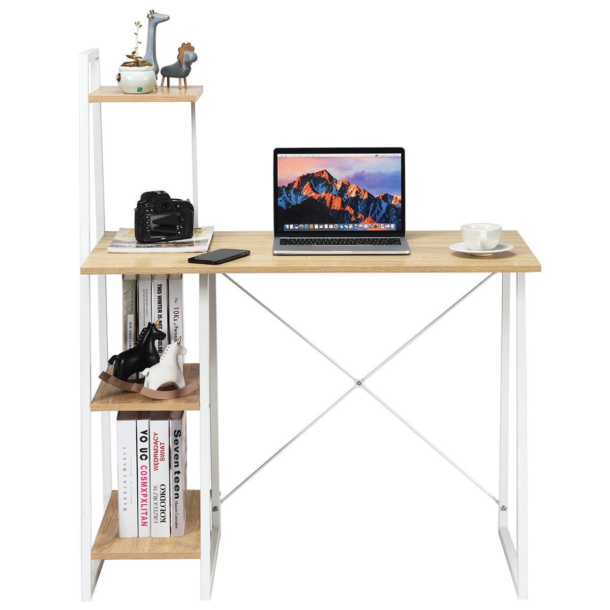 Topbuy Office Computer Desk Sturdy Workstation with 4-Tier Bookshelves & Steel Frame