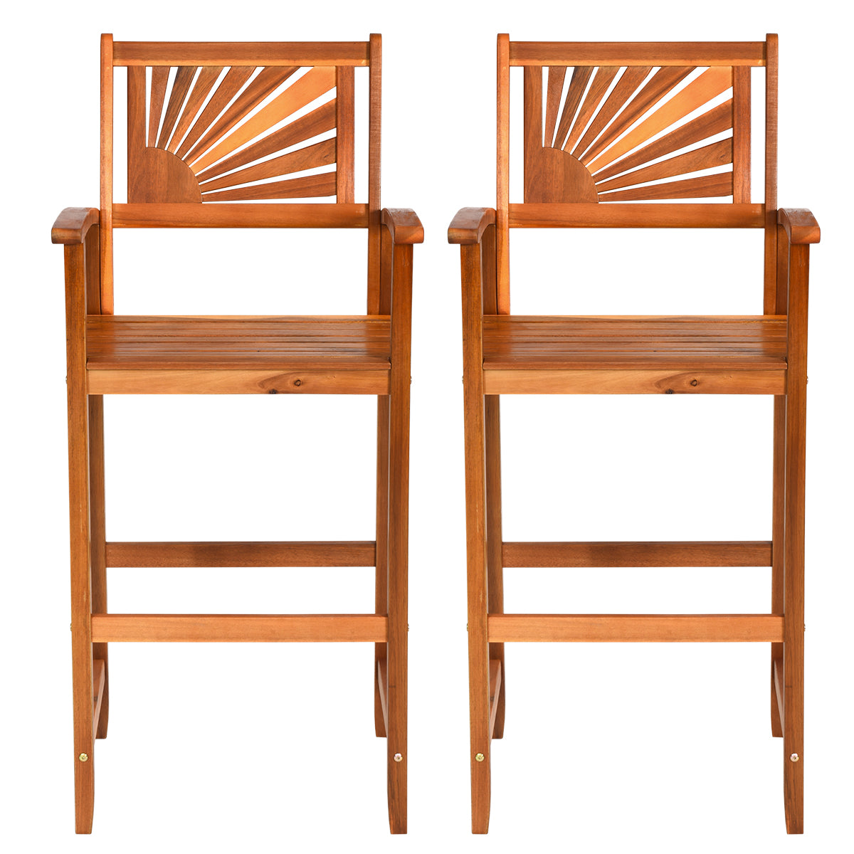 Topbuy Set of 2 Acacia Wood Outdoor Patio Bar Stool with Footrest&Backrest&Armrest