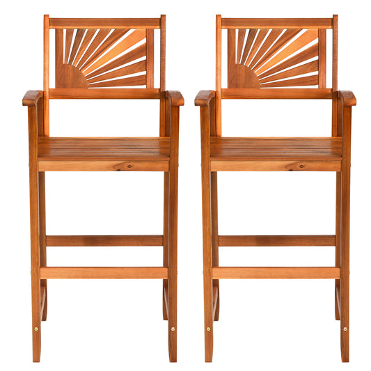 Topbuy Set of 2 Acacia Wood Outdoor Patio Bar Stool with Footrest&Backrest&Armrest