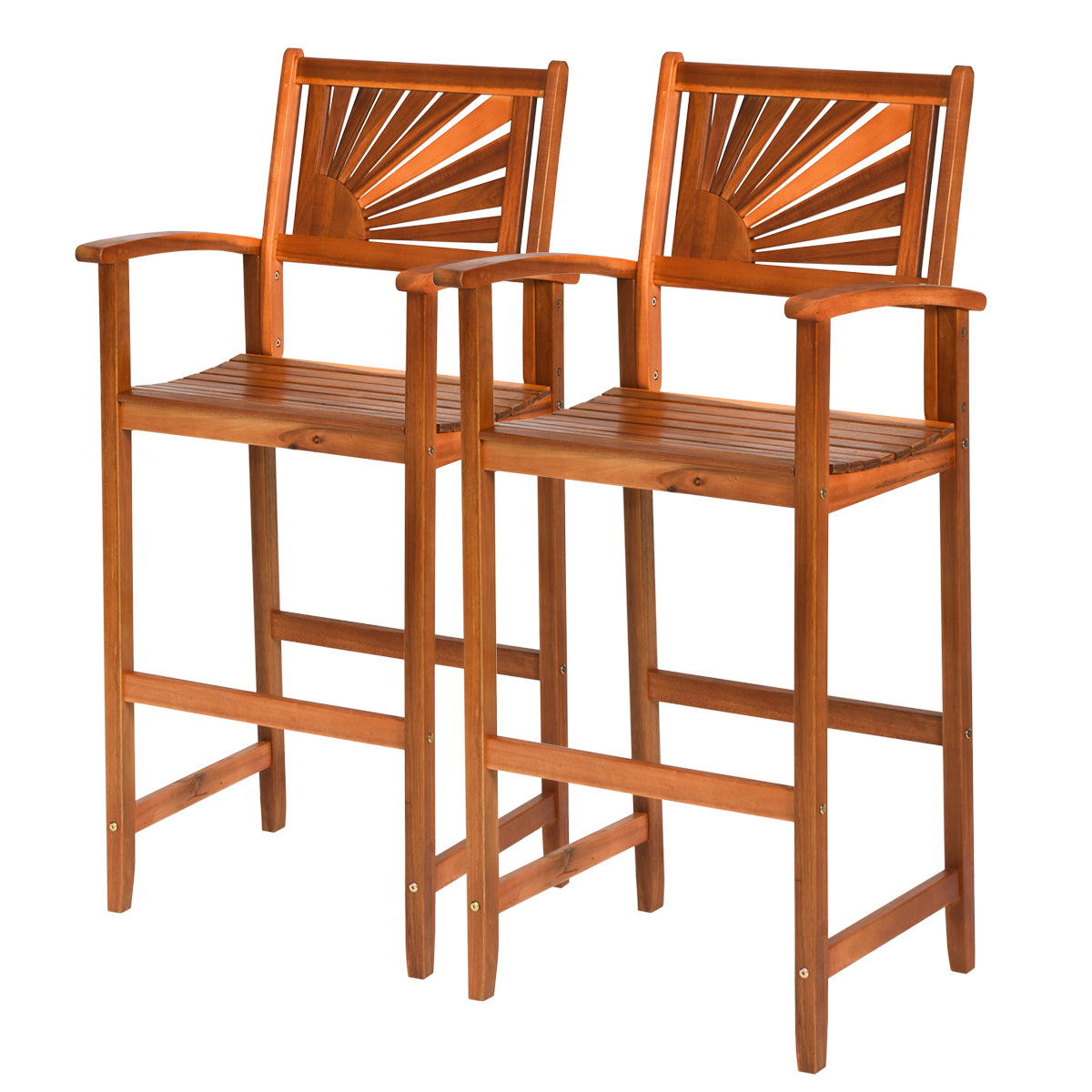 Topbuy Set of 2 Acacia Wood Outdoor Patio Bar Stool with Footrest&Backrest&Armrest