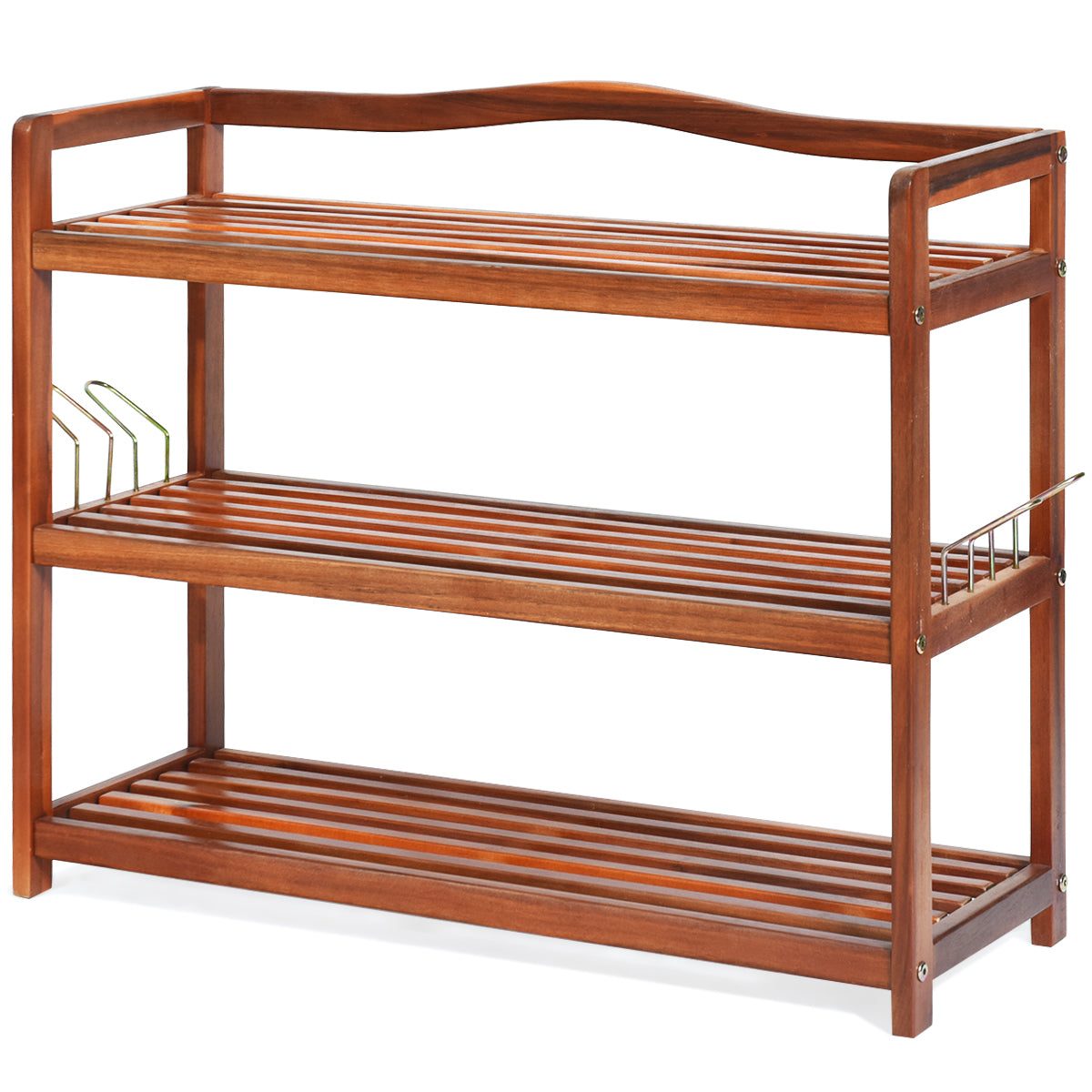 Topbuy Freestanding 3-Tier Wood Shoe Rack Shelf Storage with 4 Metal Hanging Bars