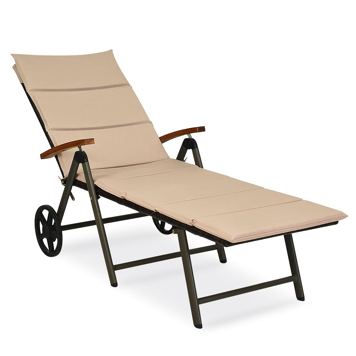 Patiojoy Folding Outdoor Rattan Chaise Lounge Chair Cushioned Recliner with Wheels