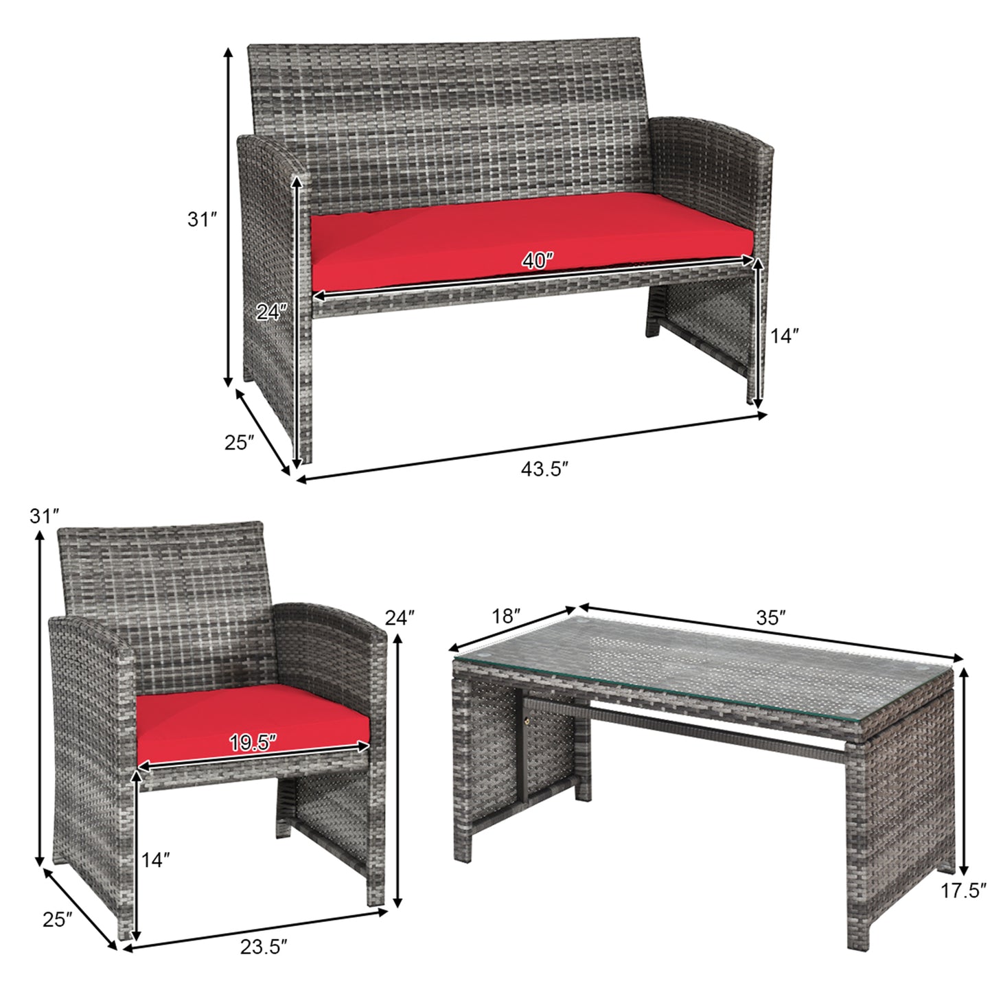 Patiojoy 4-Piece Outdoor Patio Furniture Set Rattan Wicker Conversation Sofa Set