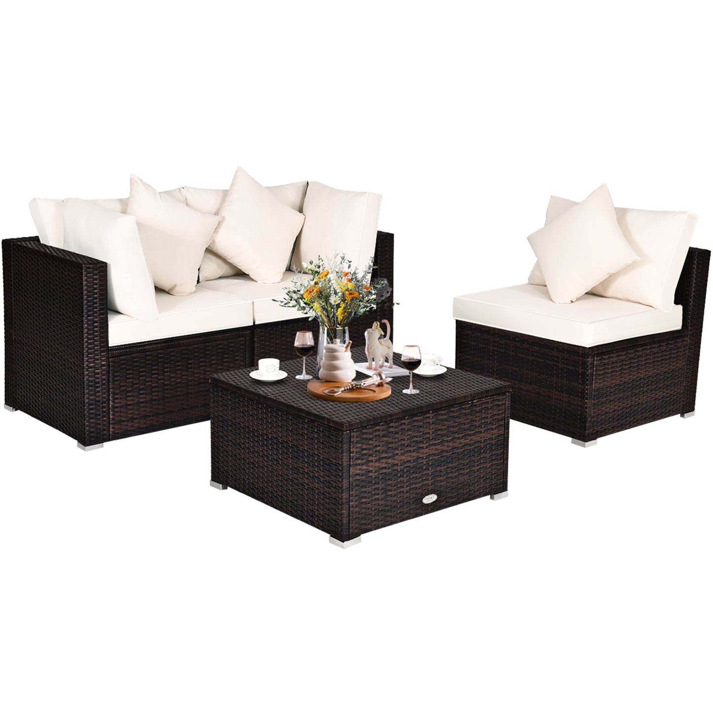 Patiojoy 4PCS Patio Rattan Wicker Sectional Sofa Set Conversation Furniture Set w Cushion