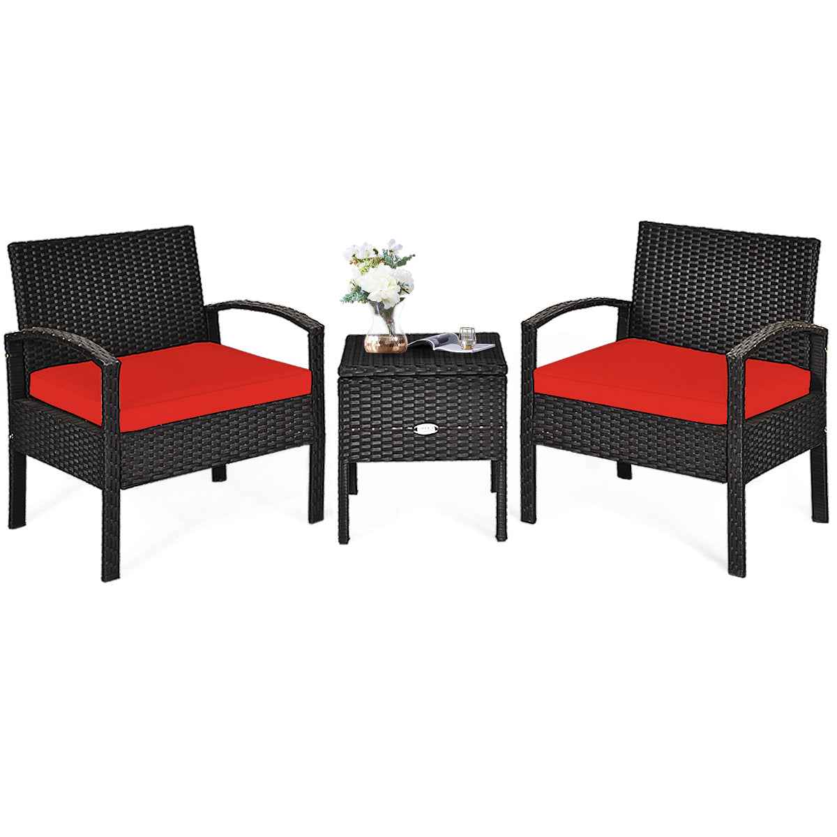 Patiojoy 3-Piece Patio Wicker Storage Table & Chair Set Outdoor Conversation Set Red/Turquoise