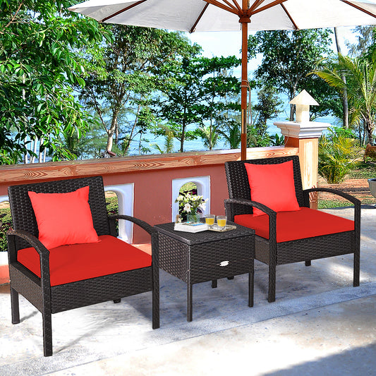 Patiojoy 3-Piece Patio Wicker Storage Table & Chair Set Outdoor Conversation Set Red/Turquoise