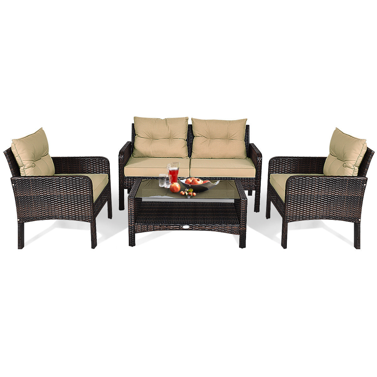 Patiojoy 4 Piece Patio Conversation Set Rattan Wicker Loveseat Sofa Coffee Table & Glass Top