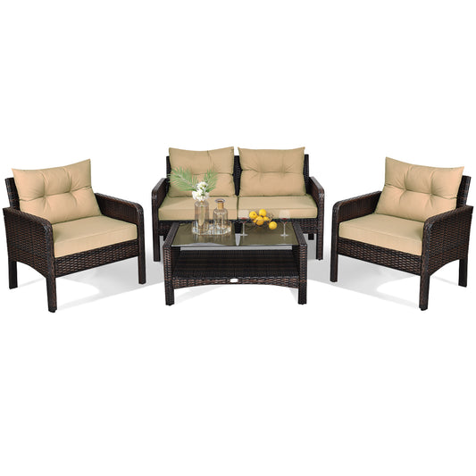 Patiojoy 4 Piece Patio Conversation Set Rattan Wicker Loveseat Sofa Coffee Table & Glass Top