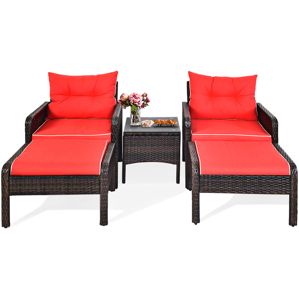 Patiojoy 5-Piece Patio Rattan Conversation Set Beige/Red/Blue Cushioned Sofas and Ottoman Set with Table