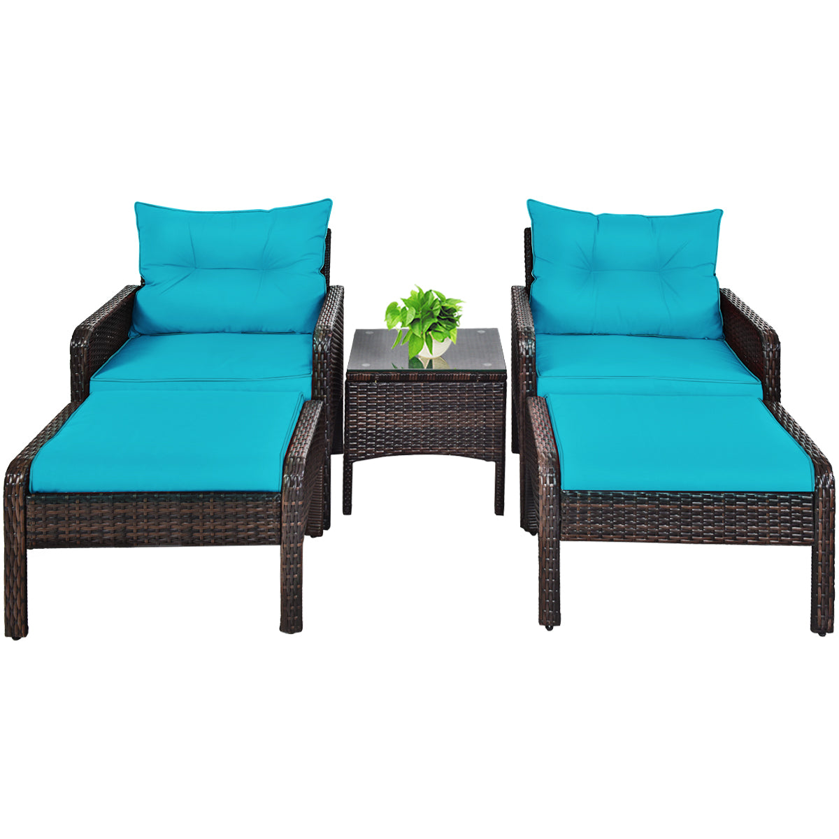 Patiojoy 5-Piece Patio Rattan Conversation Set Beige/Red/Blue Cushioned Sofas and Ottoman Set with Table