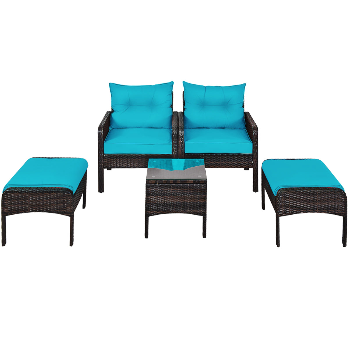 Patiojoy 5-Piece Patio Rattan Conversation Set Beige/Red/Blue Cushioned Sofas and Ottoman Set with Table