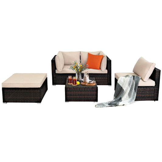 Patiojoy 5-Piece Outdoor Patio Sectional Rattan Wicker Conversation Sofa Set with Turquoise/Brown/Navy/Red Cushions