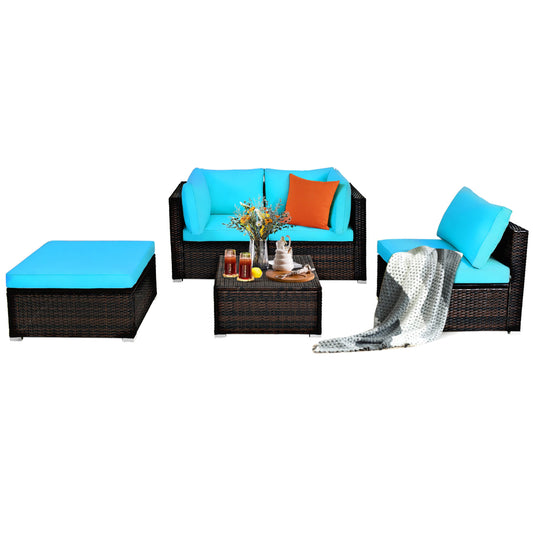 Patiojoy 5-Piece Outdoor Patio Sectional Rattan Wicker Conversation Sofa Set with Turquoise/Brown/Navy/Red Cushions