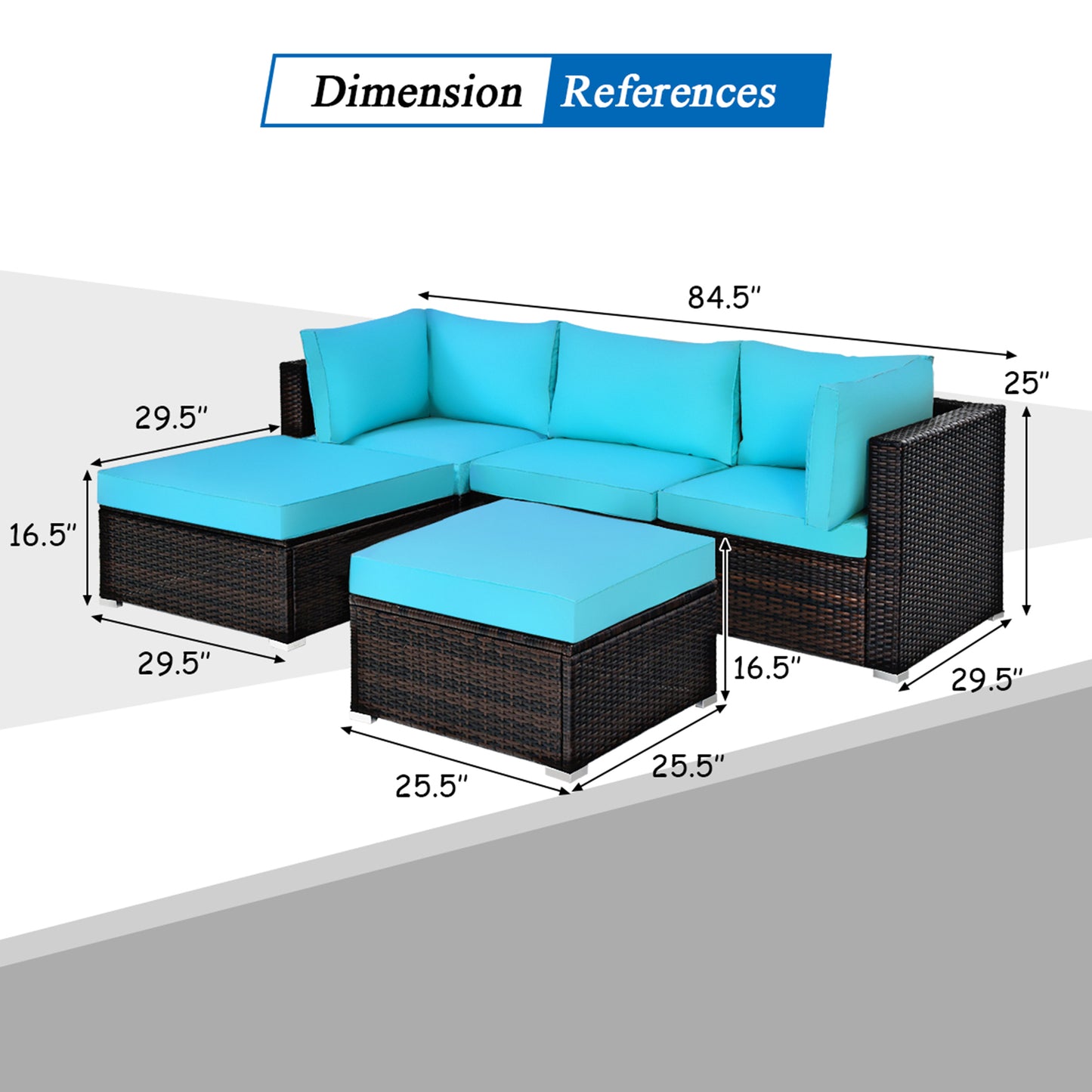 Patiojoy 5-Piece Outdoor Patio Sectional Rattan Wicker Conversation Sofa Set with Turquoise/Brown/Navy/Red Cushions