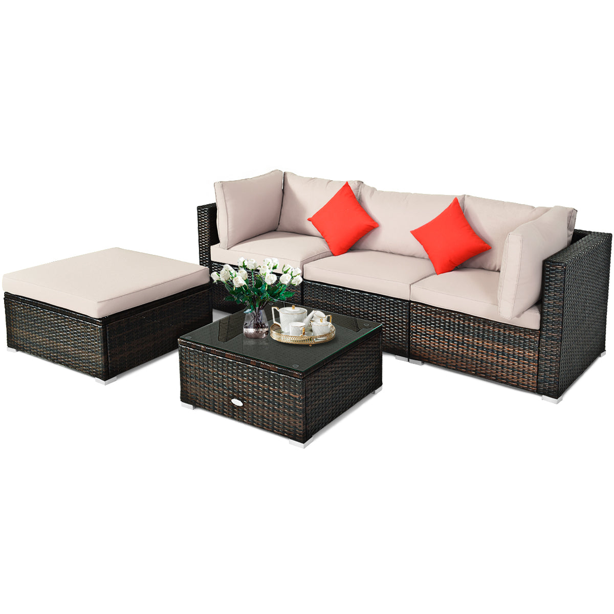 Patiojoy 5-Piece Outdoor Patio Sectional Rattan Wicker Sofa Set w/Cushion Navy/Turquoise/Black/Brown/Red