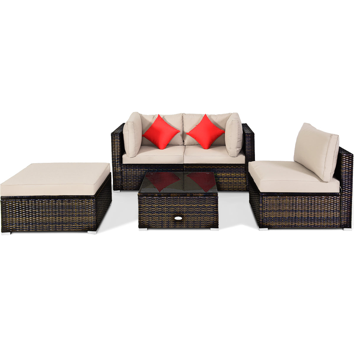 Patiojoy 5-Piece Outdoor Patio Sectional Rattan Wicker Sofa Set w/Cushion Navy/Turquoise/Black/Brown/Red