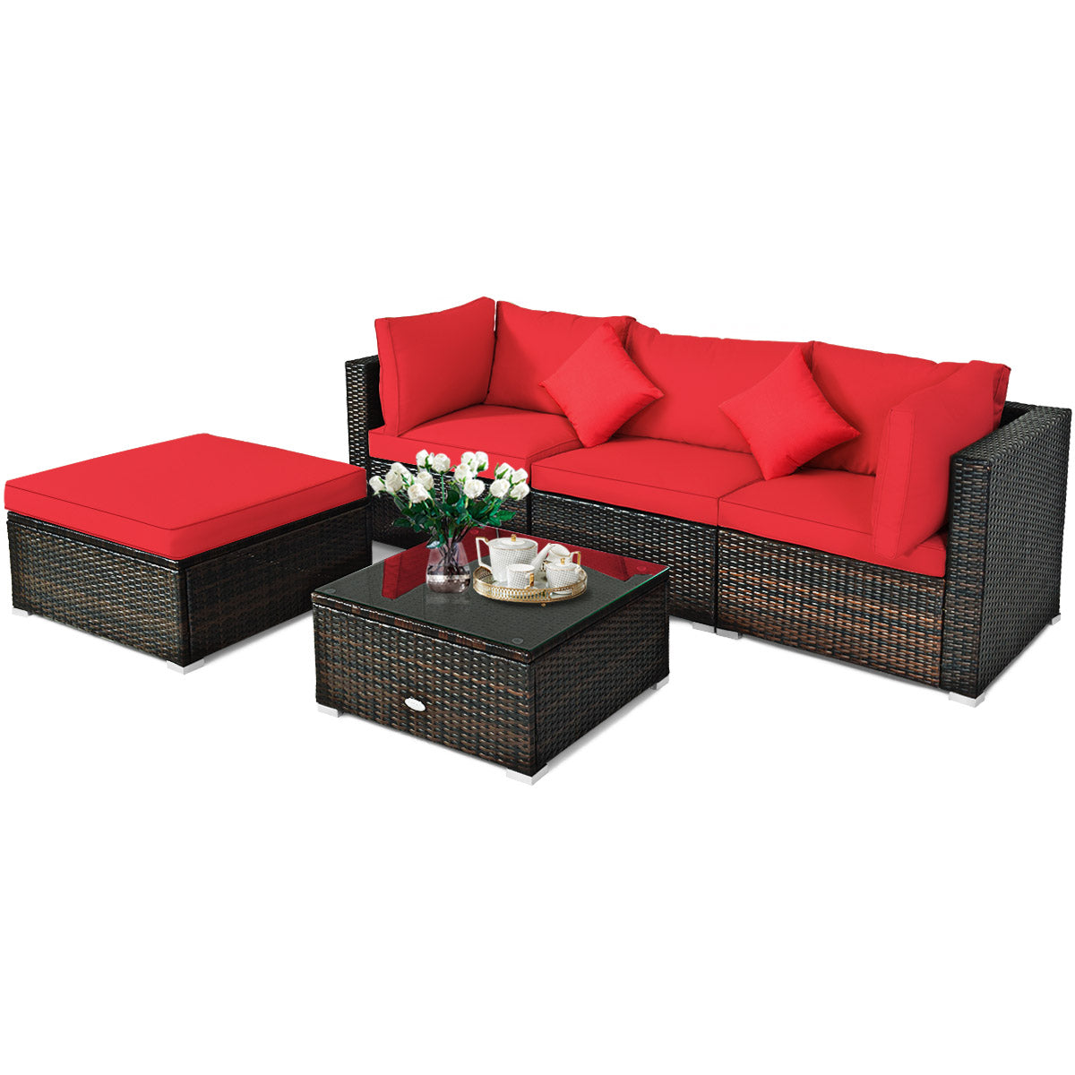 Patiojoy 5-Piece Outdoor Patio Sectional Rattan Wicker Sofa Set w/Cushion Navy/Turquoise/Black/Brown/Red