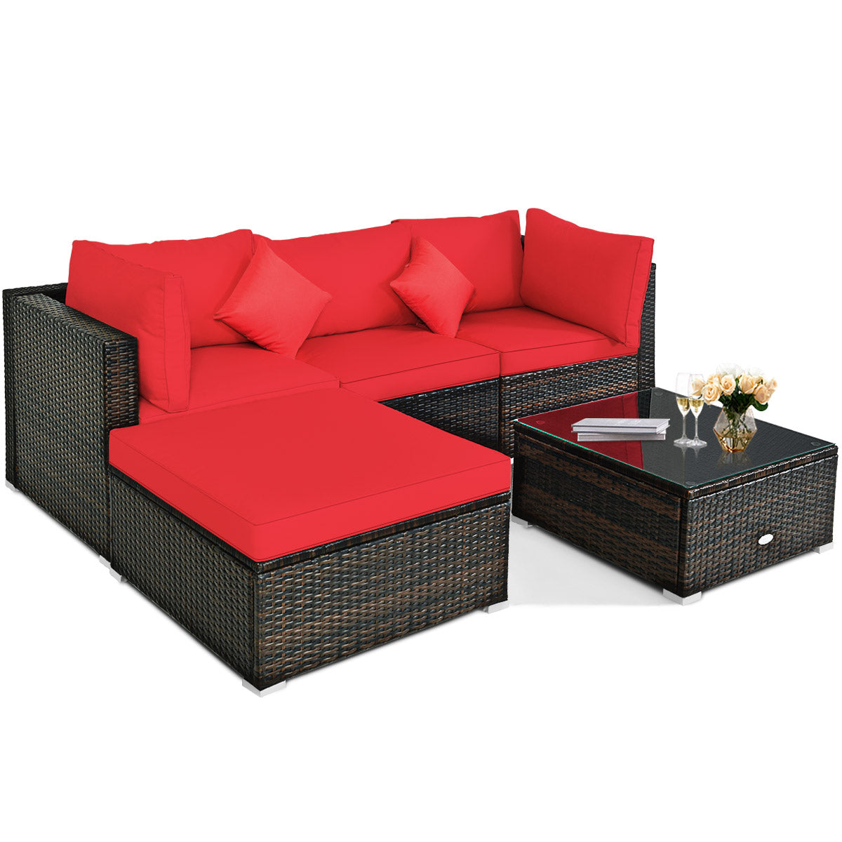 Patiojoy 5-Piece Outdoor Patio Sectional Rattan Wicker Sofa Set w/Cushion Navy/Turquoise/Black/Brown/Red