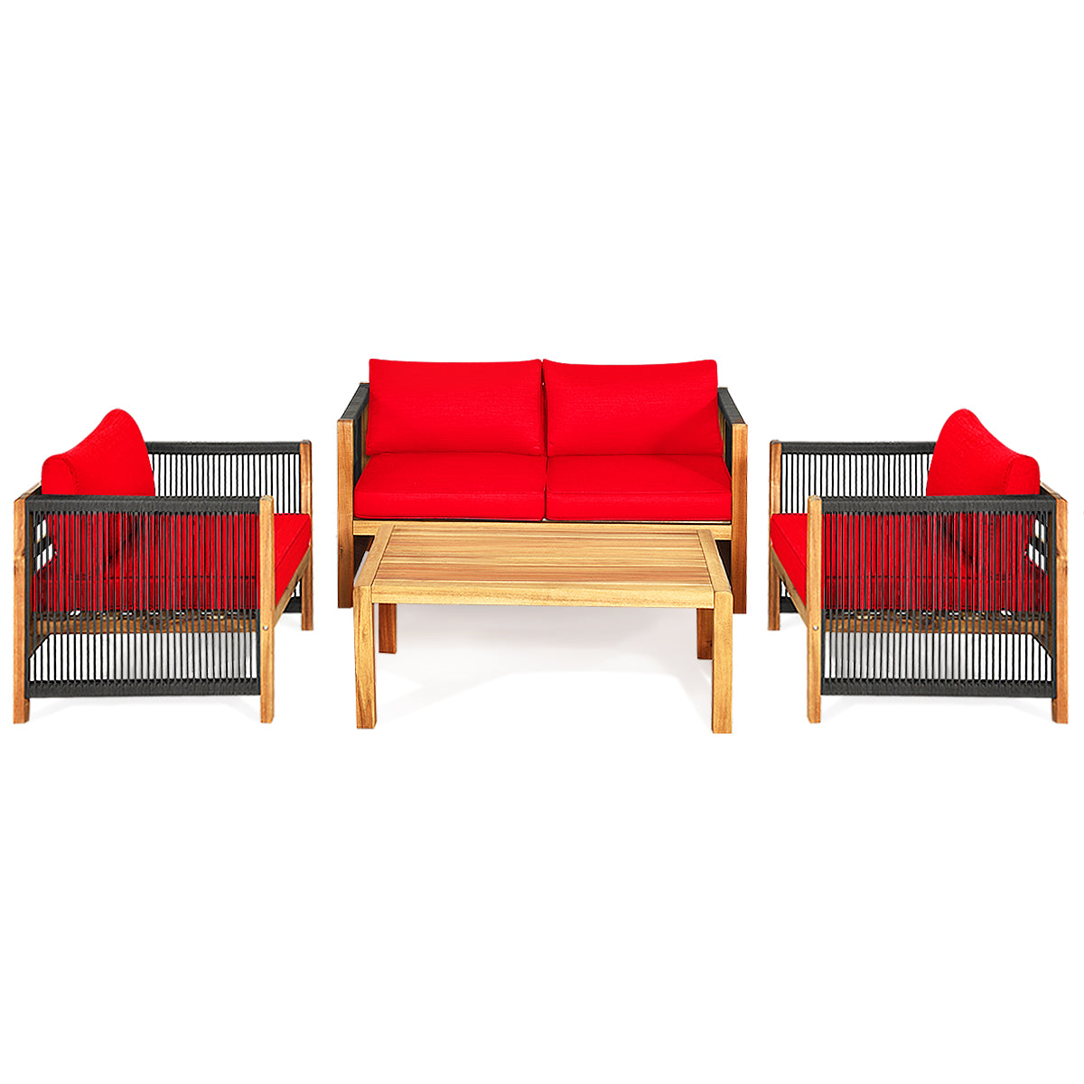 Patiojoy 4PCS/8PCS Outdoor Patio Wood Conversation Furniture Set Padded Chair with Coffee Table Red/Turquoise