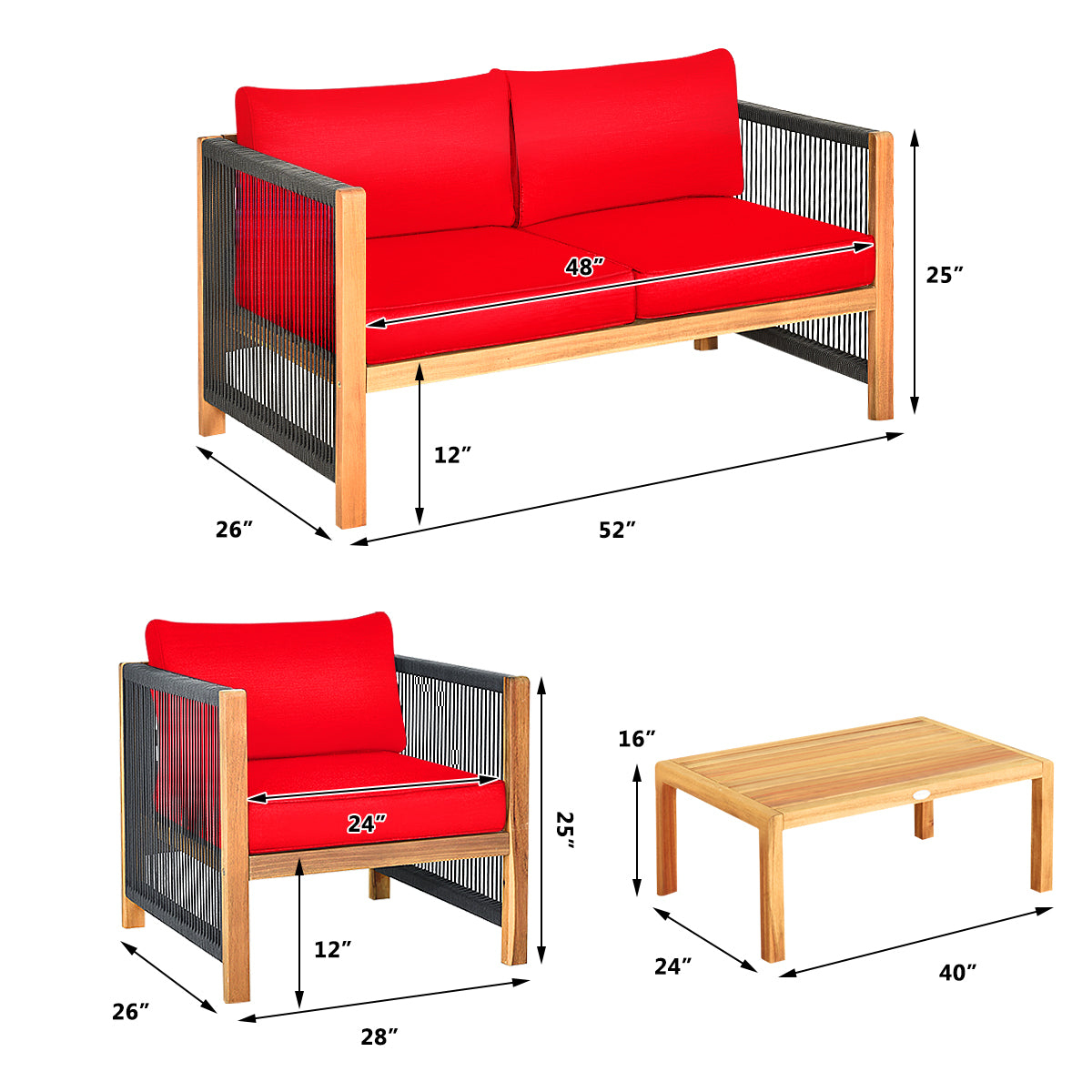 Patiojoy 4PCS/8PCS Outdoor Patio Wood Conversation Furniture Set Padded Chair with Coffee Table Red/Turquoise