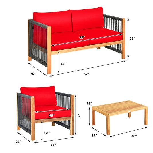 Patiojoy 4PCS/8PCS Outdoor Patio Wood Conversation Furniture Set Padded Chair with Coffee Table Red/Turquoise