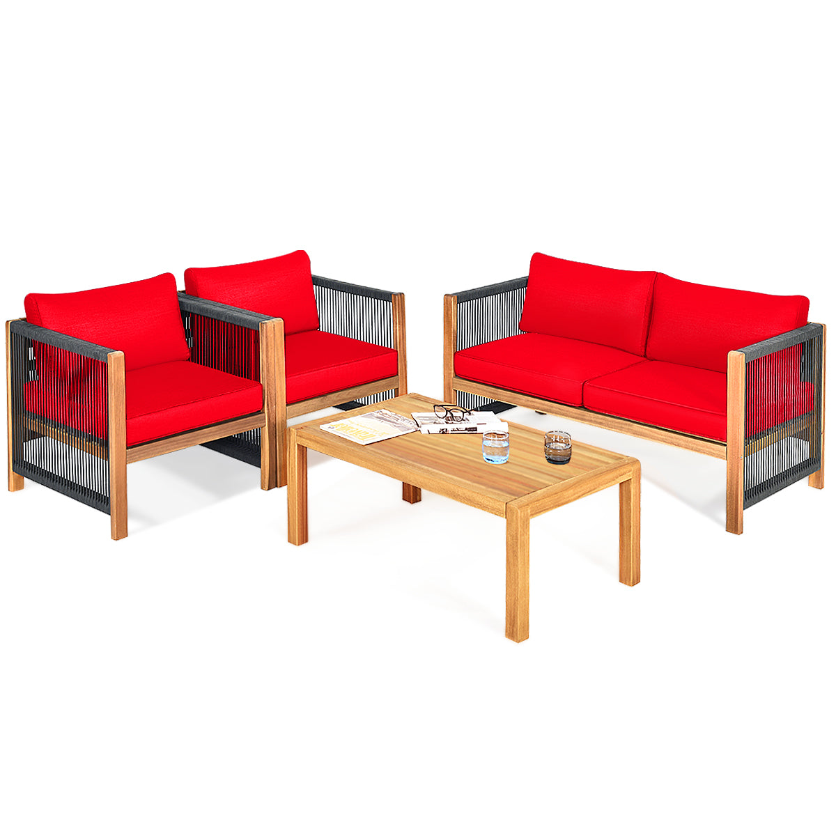 Patiojoy 4PCS/8PCS Outdoor Patio Wood Conversation Furniture Set Padded Chair with Coffee Table Red/Turquoise