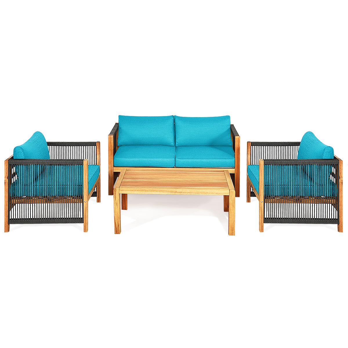 Patiojoy 4PCS/8PCS Outdoor Patio Wood Conversation Furniture Set Padded Chair with Coffee Table Red/Turquoise